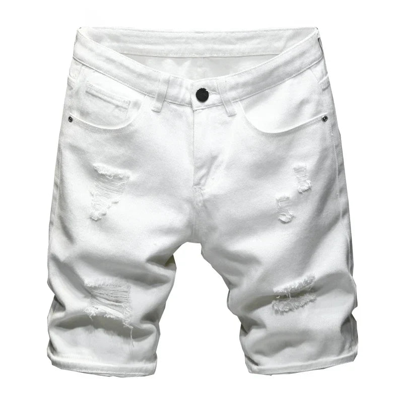 2024 New Summer Men's Casual Fashion Straight Denim Shorts Simple Ripped Streetwear Slim Fit Denim Shorts Male Black White