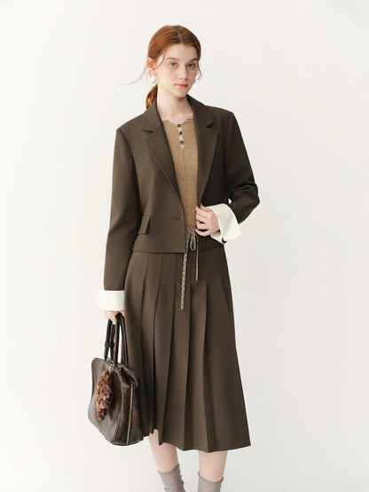 2026 Fall Women's Korean-Inspired Petite Cropped Camel Acetate Lyocell Blend Blazer - Chic Office Commute Outerwear