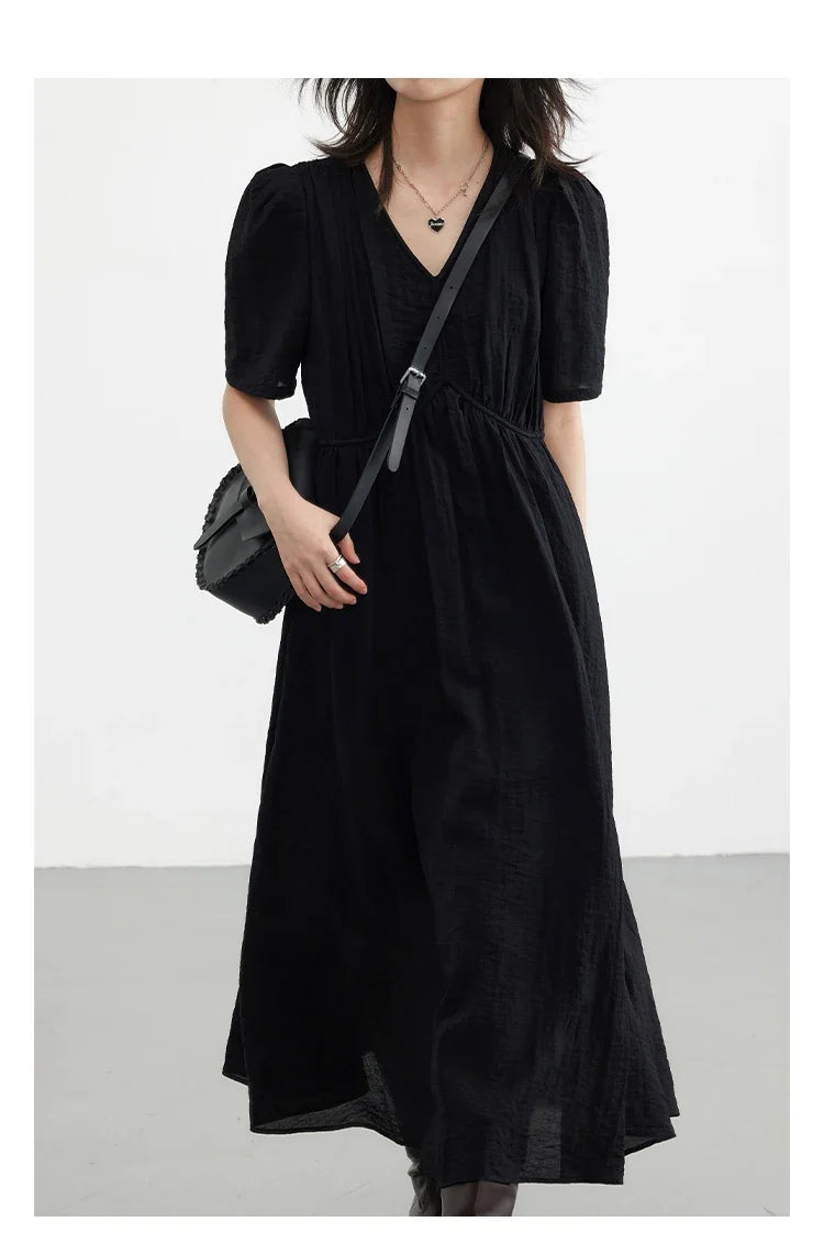 Women Dresses French Style Vintage V-neck Puff Sleeve Long Dress Solid Black Loose Female Clothing Summer New 2023