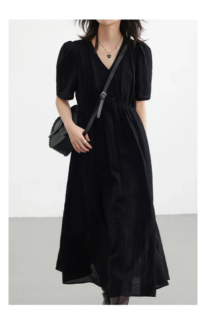Women Dresses French Style Vintage V-neck Puff Sleeve Long Dress Solid Black Loose Female Clothing Summer New 2023
