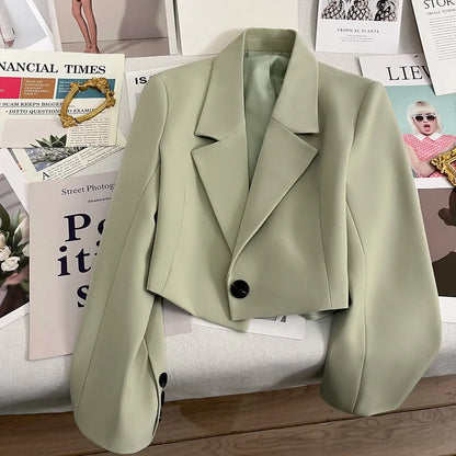Autumn Solid Color Cropped Suit Jacket for Women Turn Down Collar Single Button Blazer Female Casual Office Lady Blazers Coat