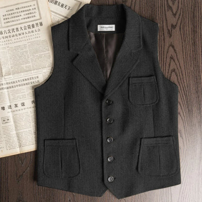 Men Vest Brown Herringbone Single Button With Lapel And Pocket Waistcoat For Wedding Banquet Business Casual Work Men Suit Vest