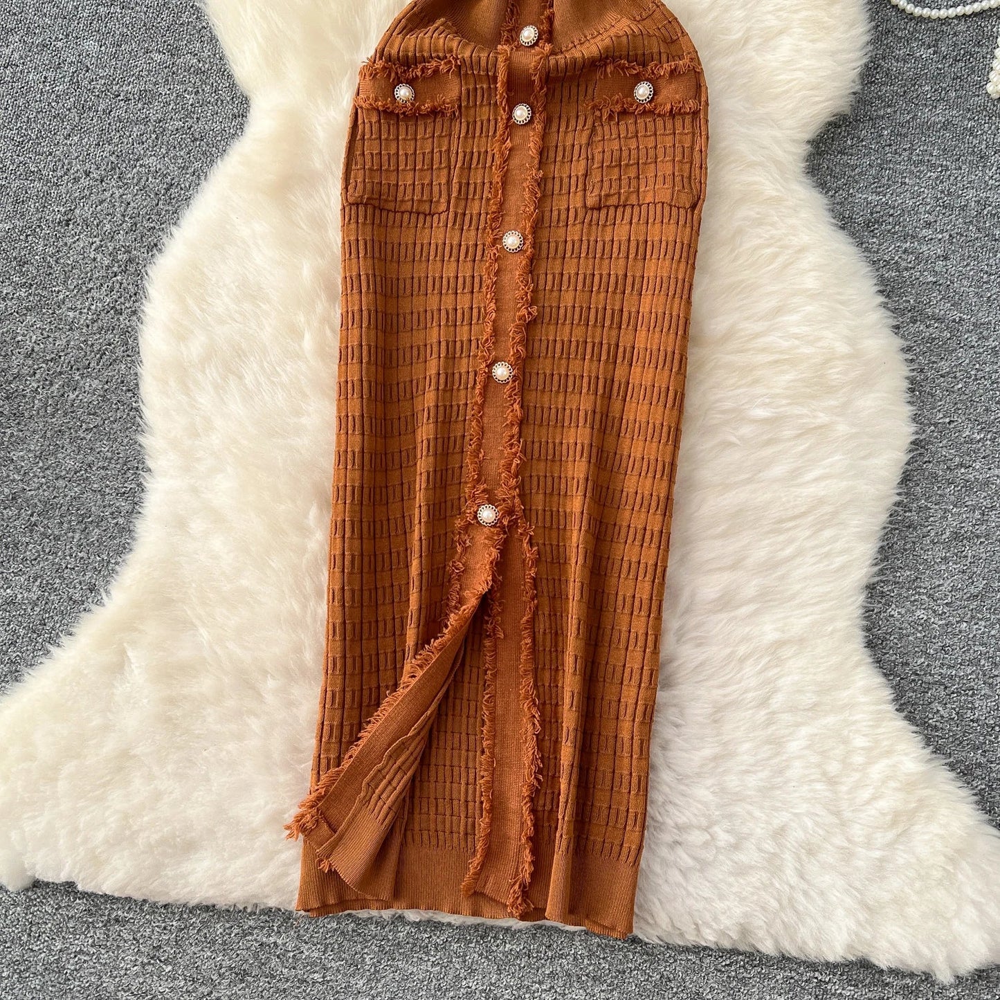High Quality Elastic Knitted Long Sundress Women Short Sleeves Button Design Office Lady Vintage Split Slim Dress