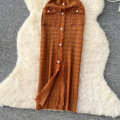 High Quality Elastic Knitted Long Sundress Women Short Sleeves Button Design Office Lady Vintage Split Slim Dress