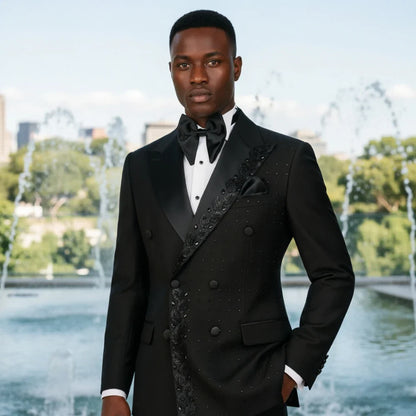 Beaded Men Suits Textured Black Embroidery Double Breasted Formal Slim Fit Groom Tuxedo Wedding Prom Dinner Party Blazer Pants
