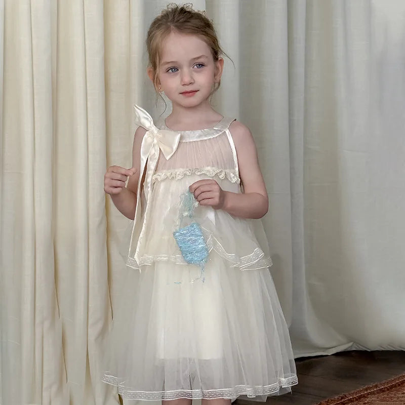 Girls Princess Dress Summer Kids French Sweet Sleeveless Bowknot Tulle Tutu Fluffy Birthday Party Pageant Dresses