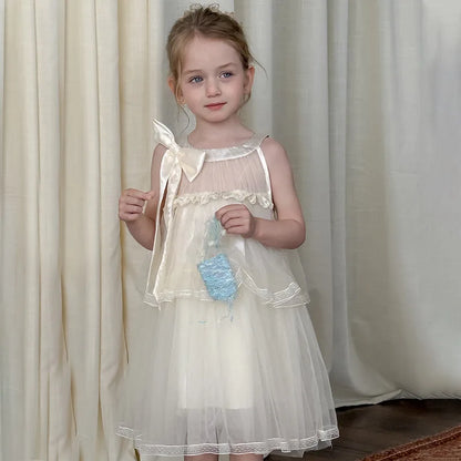 Girls Princess Dress Summer Kids French Sweet Sleeveless Bowknot Tulle Tutu Fluffy Birthday Party Pageant Dresses