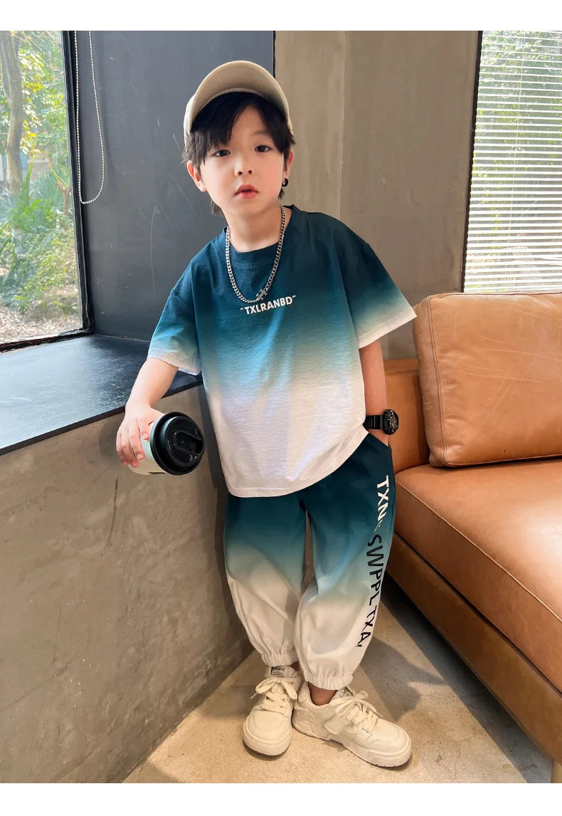 Summer Boys Gradient Contrast Alphabet t-Shirt Tops+Pant Workout Sets School Kids 2PCS Tracksuit Children Jogger Outfits 5-16 Yr