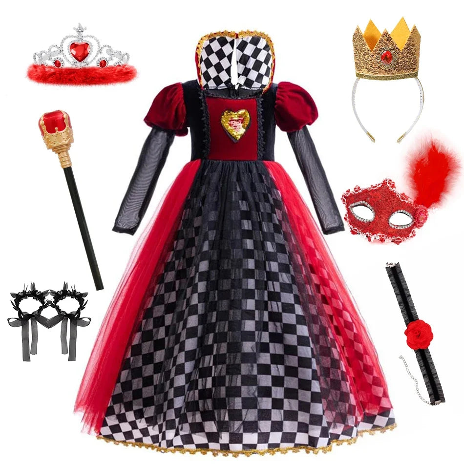Girls Halloween Party Cosplay Red Queen Gown Clothes Kids Witch Long Sleeves Carnival Outfits Children Masquerade Fancy Costumes