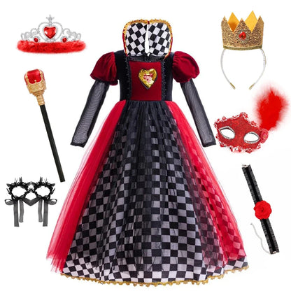 Girls Halloween Party Cosplay Red Queen Gown Clothes Kids Witch Long Sleeves Carnival Outfits Children Masquerade Fancy Costumes
