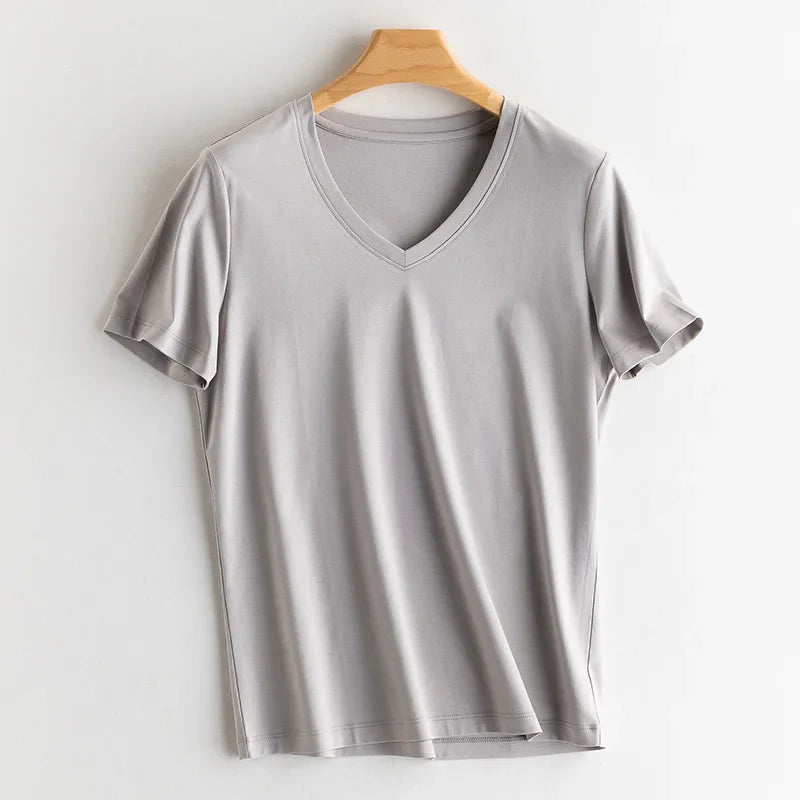 6% Real Silk Cotton Modal Women's T-shirt 2026 Summer Tees Short Sleeve Solid Tee Shirts V-neck Casual Woman Basic T shirt Tops