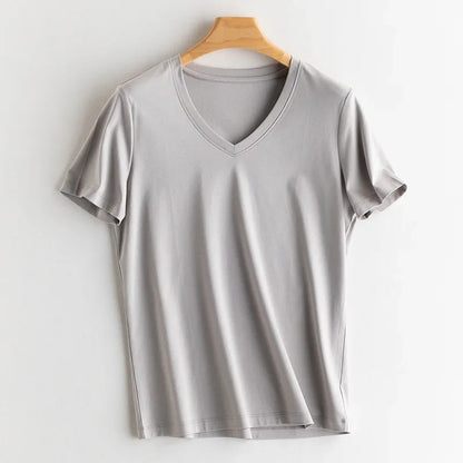 6% Real Silk Cotton Modal Women's T-shirt 2026 Summer Tees Short Sleeve Solid Tee Shirts V-neck Casual Woman Basic T shirt Tops