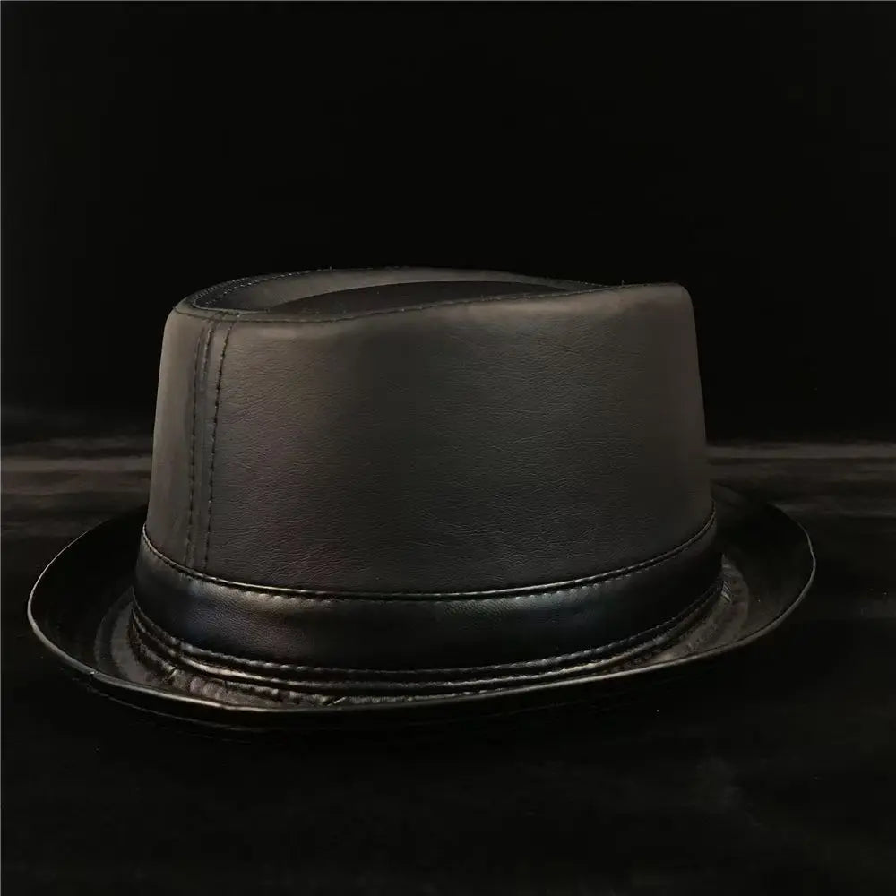 Men and Women Black Leather Fedora Hat Vintage Style Jazz Hat for Autumn & Winter Fashion, Handmade Trilby Hat