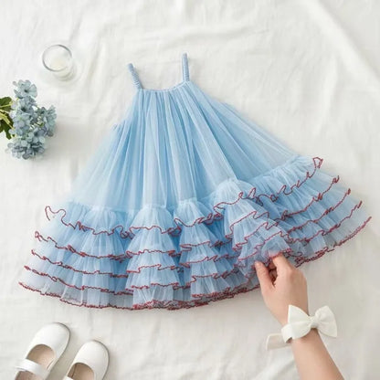 Princess Dress for Kids 1-8 Years Summer Sky Blue Cake Dress for Girls Formal Dresses Birthday Hosting Party Beach Vacation New