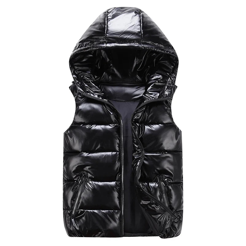 Classic Hooded Vest Man/Woman/Child Winter Hooded Glossy Cotton Vest Casual Waistcoat Men's Sleeveless Jacket Warm Overcoats Hat