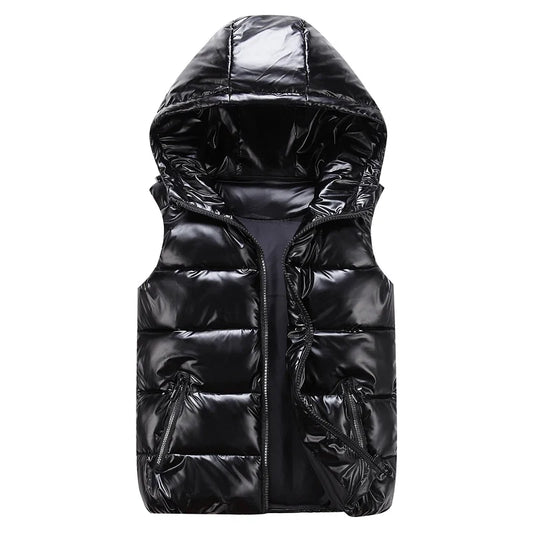 Classic Hooded Vest Man/Woman/Child Winter Hooded Glossy Cotton Vest Casual Waistcoat Men's Sleeveless Jacket Warm Overcoats Hat