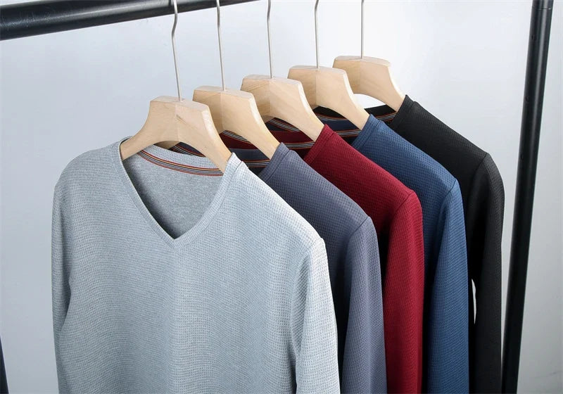 Minimalist Men's V-neck Long Sleeve T-shirt Soft Knitted Fabric Comfortable Top for All Seasons
