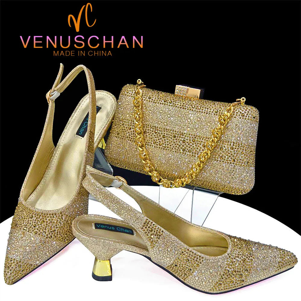 High Heels Shoes for Women Embroidery Rhinestone Italian Design Gold Color Pointed Toe Shoes and Bags Set Fashio