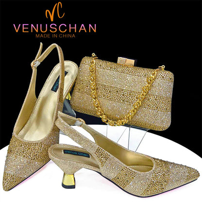 High Heels Shoes for Women Embroidery Rhinestone Italian Design Gold Color Pointed Toe Shoes and Bags Set Fashio