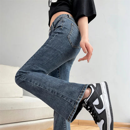 Women Fashion Flare Jeans Winter Streetwear Y2K Straight Pants Ankle Length Denim Jeans Girls Party Casual Retro Blue Trousers