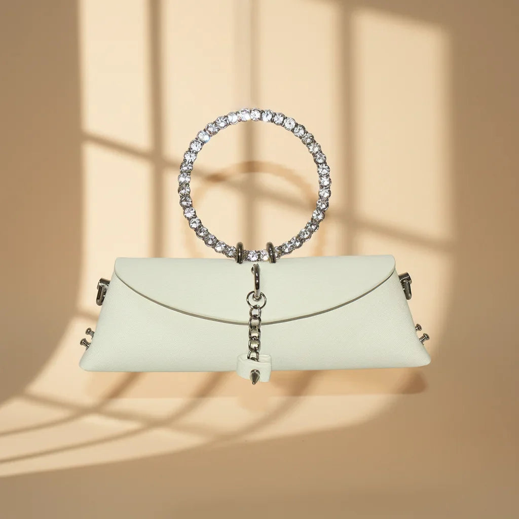 Clutch Bag Luxury Designer Handbag for Women 2025 with Chain Metal Ring Handle PU Leather Rhinestones Purses Shoulder Bag