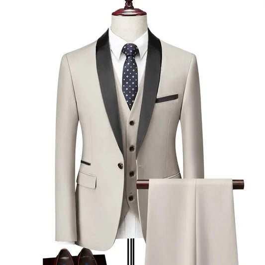 Men's Lapel Black Suit Set Coat Vest Trousers / Business Groomsmen Groom Wedding Dress Fprmal Blazer Pants