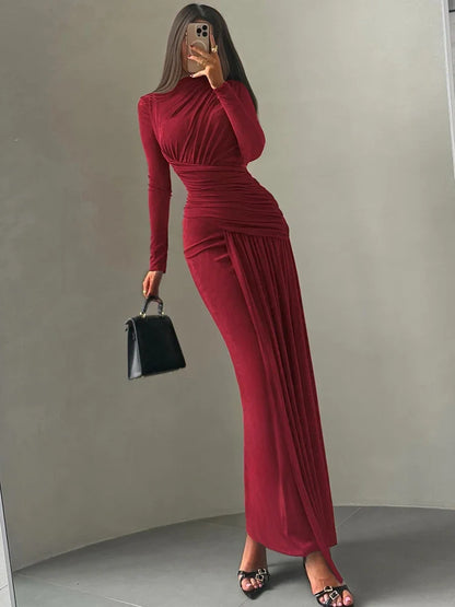 Folds Maxi Dress Women O-Neck Full Sleeve Solid Banquet Elegant Vacation Fashion Autumn Skinny Casual Simple Vestido
