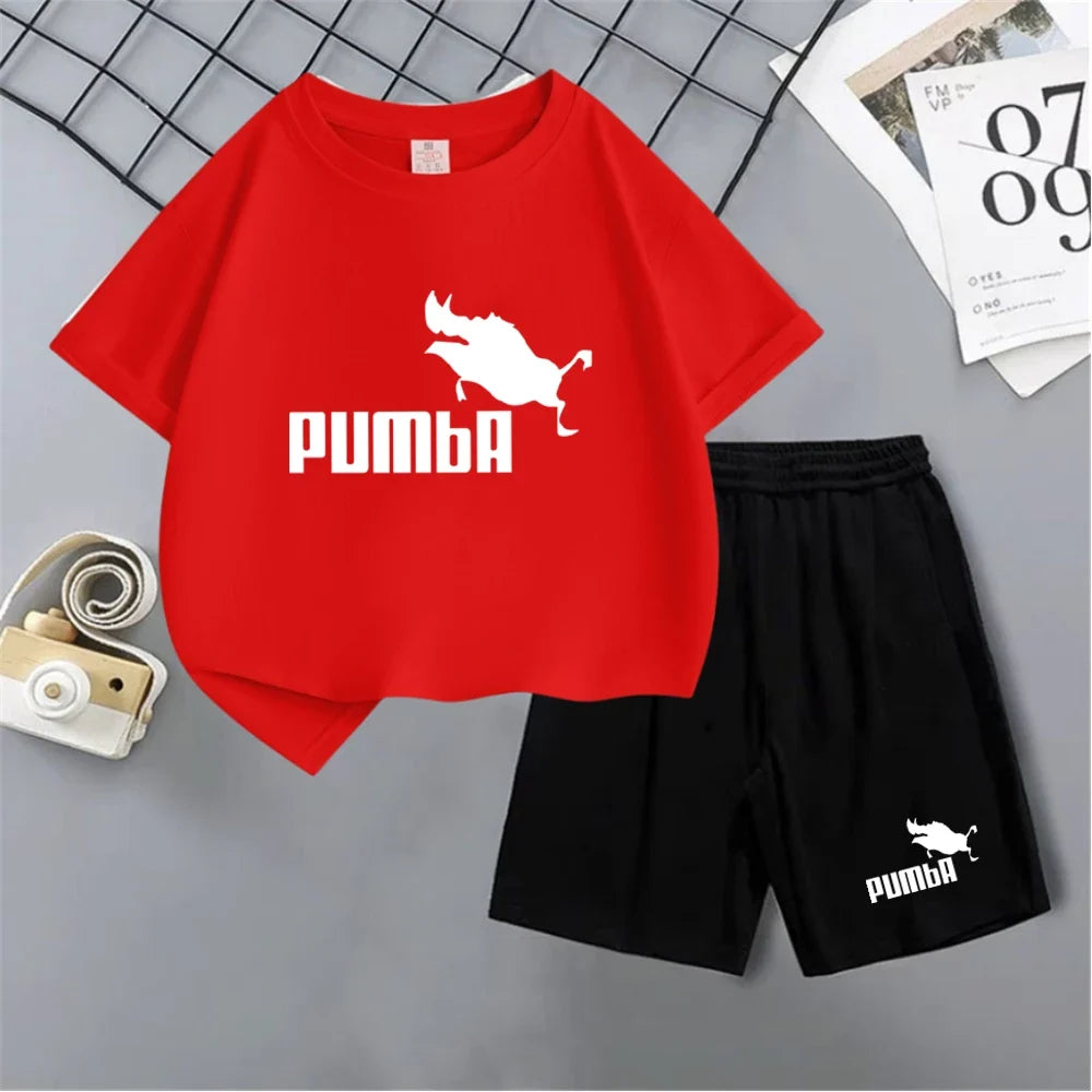 Black Children T-shirt+Bottom Wear Age 3-12 Boy Girls Set 2pcs Kids Set Wild Boar Summer Tshirt Print Leisure