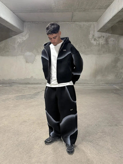 Gradient hooded cardigan sweatshirt unisex loose and comfortable high street design jacket pants American retro