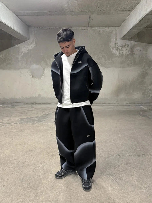 Gradient hooded cardigan sweatshirt unisex loose and comfortable high street design jacket pants American retro