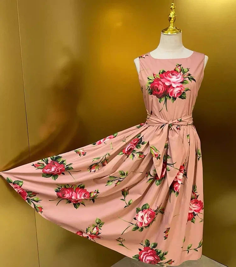 2026 Spring Women's New Fashion Round Neck Sleeveless Cotton Printed Tie a belt Waist cinching Dress