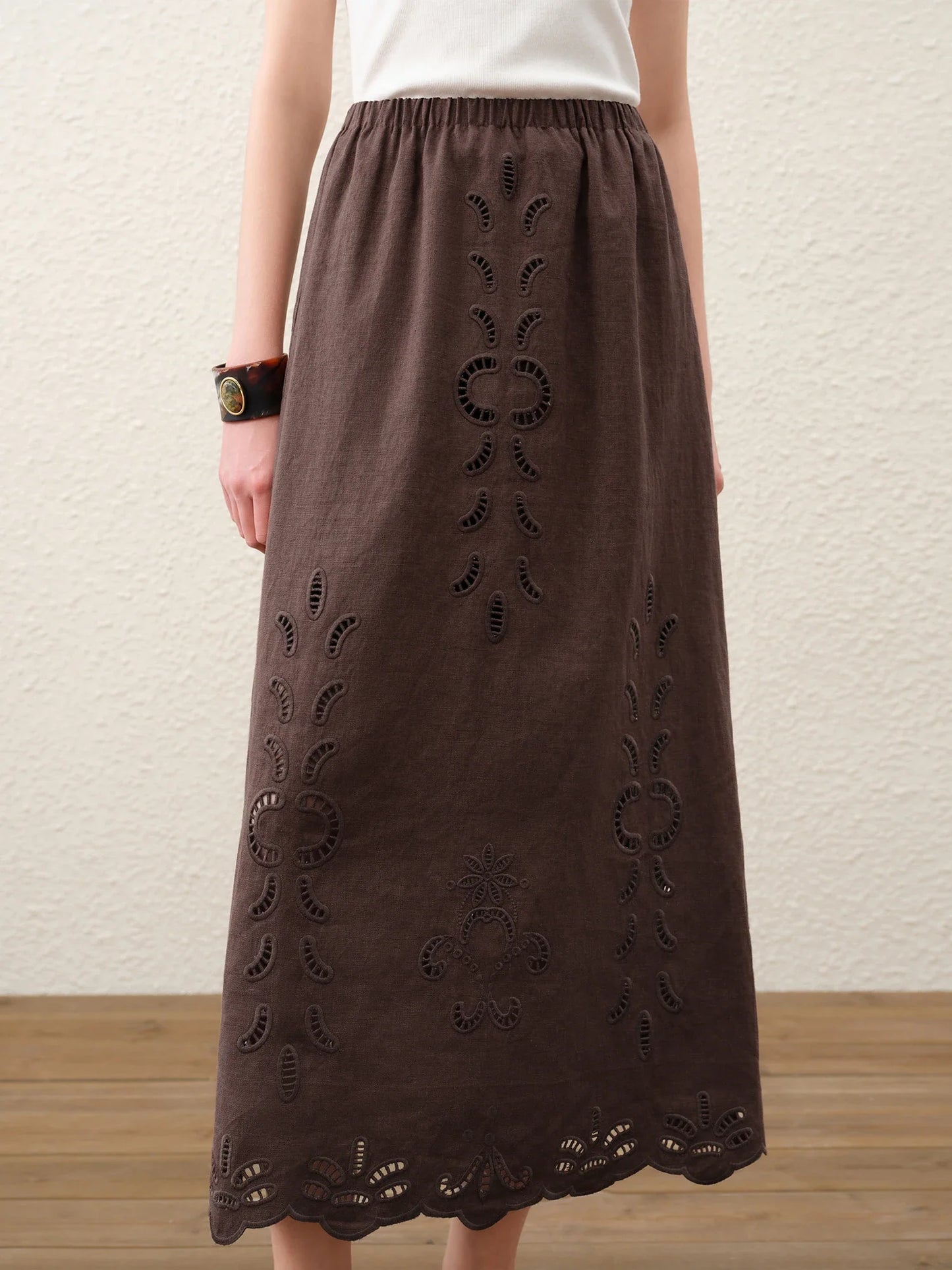 Summer Women Linen Two Piece Set Cut-Out Embroidered Sleeveless Top Midi Skirt Boho Beach Vacation Style