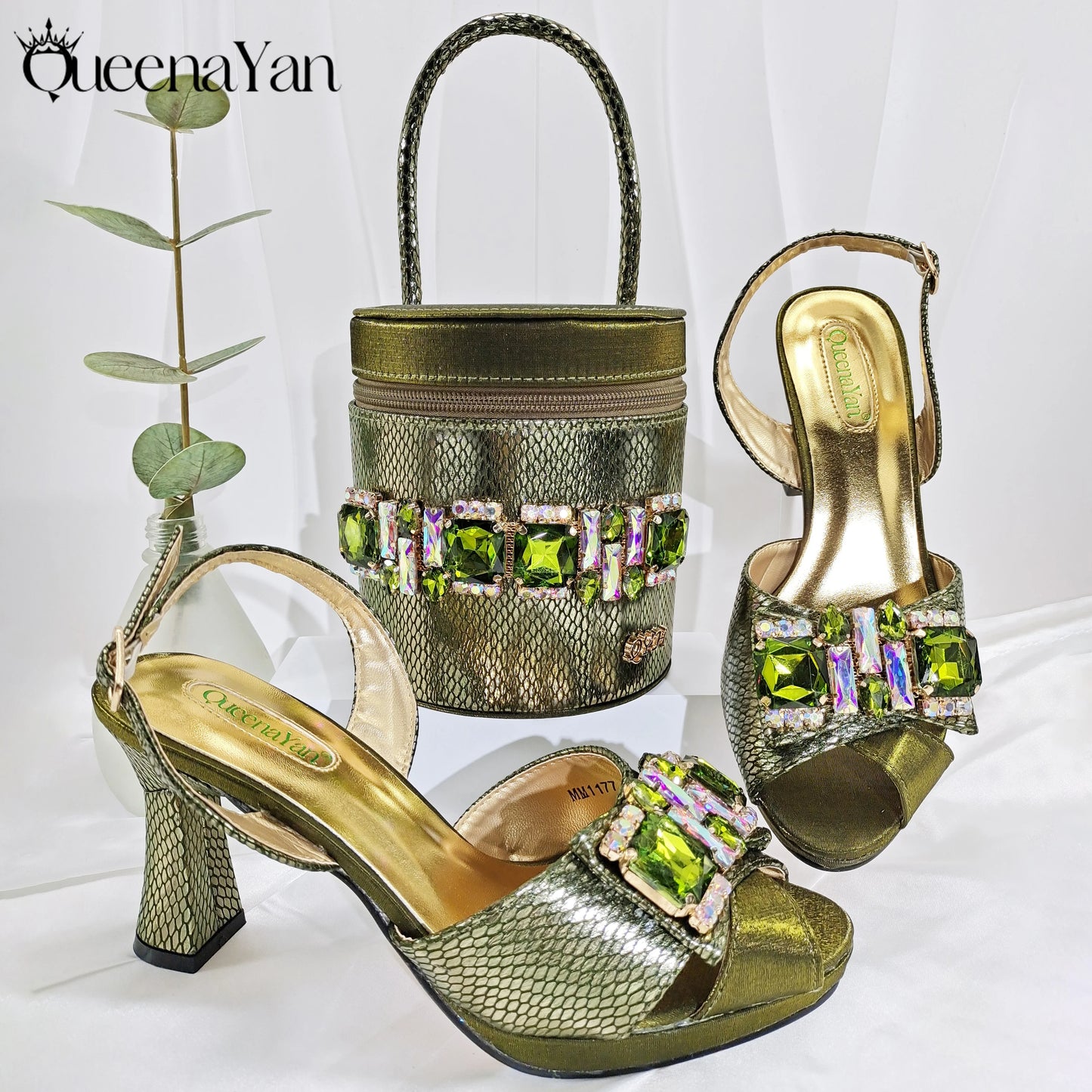 Nigerian-Inspired Rhinestone High Heels With Colourful Bucket Bag Fashionable Womens Footwear And Accessories Set