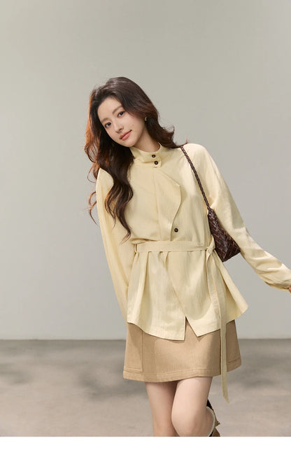 Women's Stand Collar Long Sleeve Shirts Spring Belted Waist Asymmetric Button Tops Casual Loose Solid Shirt MXF13C2459