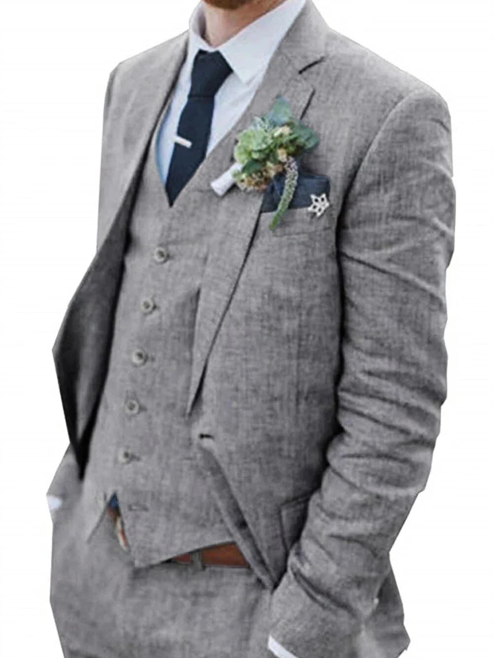 High-End Retro Linen Men Suit Beach Wedding Suit Summer Slim Fit 3 Pieces Light Weight Linen Suit Jacket Vest Pant