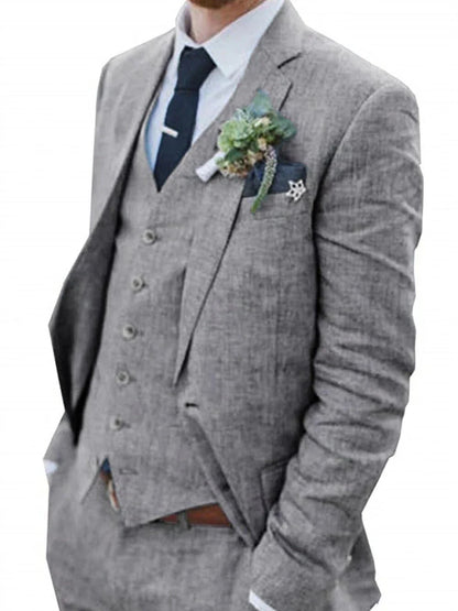 High-End Retro Linen Men Suit Beach Wedding Suit Summer Slim Fit 3 Pieces Light Weight Linen Suit Jacket Vest Pant