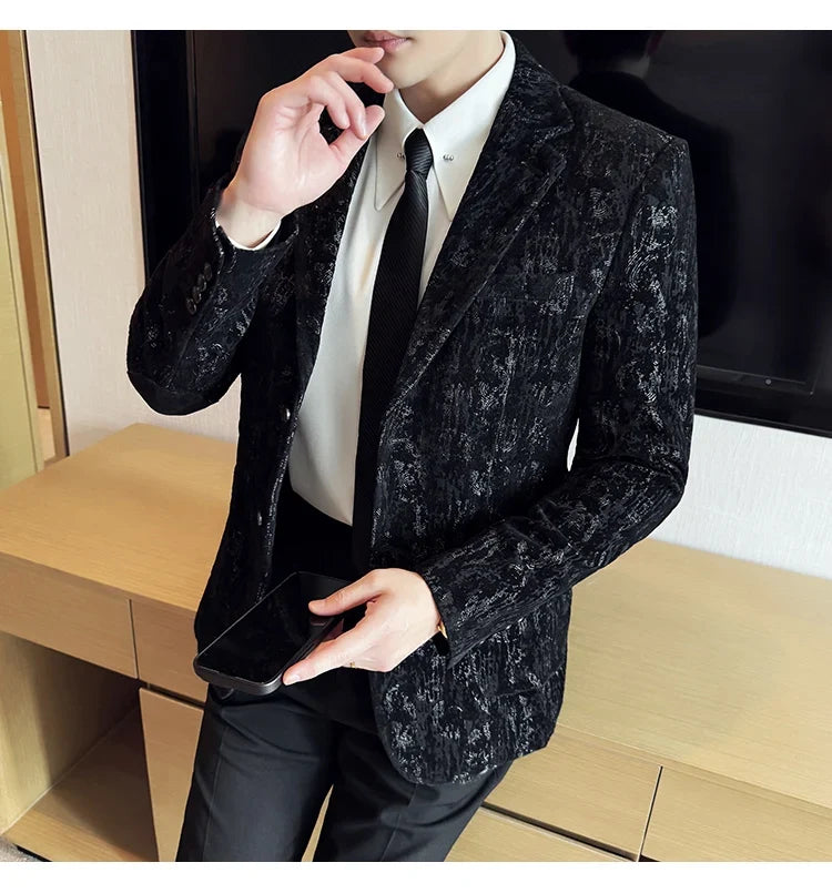 High Quality Plush Jacquard fashion Suit Jacket  Korean Version Slim Fit Business Retro Casual Social Wedding Suit Blazer 5XL-M