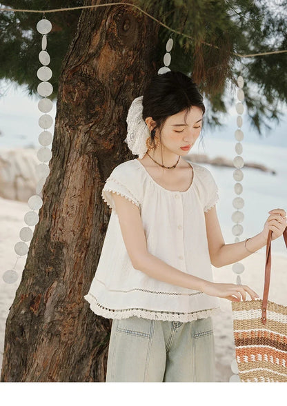 Embroidered French Shirt Women Summer 2025 Short Sleeve Round Neck Solid Blouses Female Fashion New Tops Lady MXE33X1744