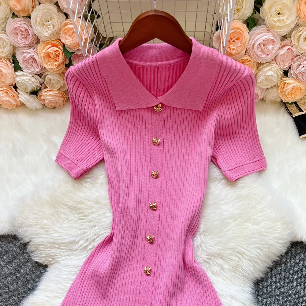 Brand Fashion Elegant Patchwork Knitted Long Dress Spring Summer Women Luxury Shirt Sweater Dress Lady Party Vestido