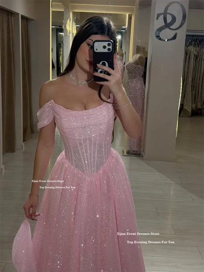 Xijun Glitter Pink Evening Dresses Off The Shoulder A-Line Ankle Length Prom Dresses Formal Ankle Length Prom Gowns Customized