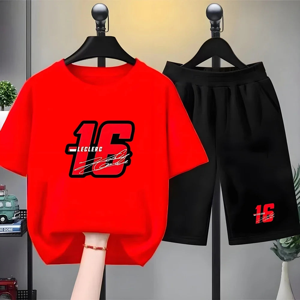 Summer Kids T-Shirt White Round Neck Tops+Shorts Boy Girl Charles Leclerc Racing Car No. 16 Clothing Sets Casual Cool Tees