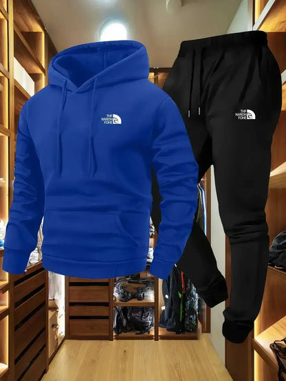 Men's Autumn and Winter Pattern Casual Two-Piece Set Hooded Sweatshirt and Pants with Pockets Regular Fit Outdoor Sport Suit