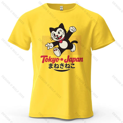 Tokyo Japan Maneki Neko Printed Men's T-Shirt 100% Cotton Oversized Cute Graphic Tees for Women Tops Tees Streetwear