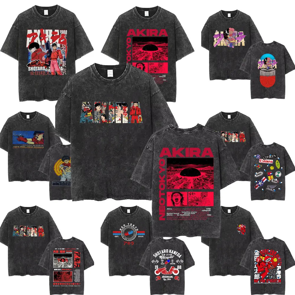 Washed Vintage Anime Akira T Shirts Japanese Science Fiction Cartoon Movie Shotaro Kaneda T-shirt Men's Manga Oversized T-shirts