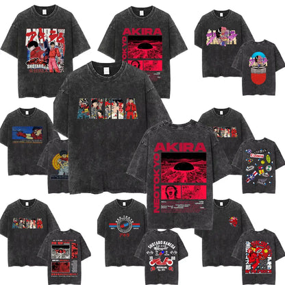 Washed Vintage Anime Akira T Shirts Japanese Science Fiction Cartoon Movie Shotaro Kaneda T-shirt Men's Manga Oversized T-shirts