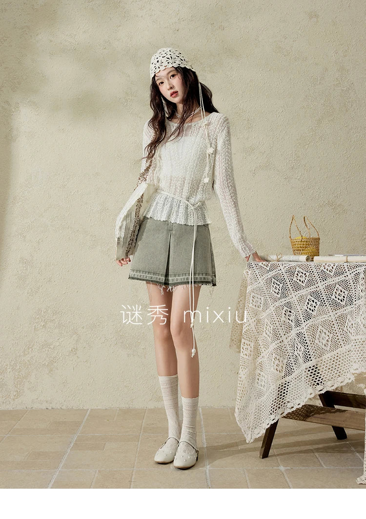 Women 's Apricot White Hollow Knitted Sweater Spring 2025 Mohair Cover Drop Sleeve Top Strapless Slim Tube Top MXE12Z1120