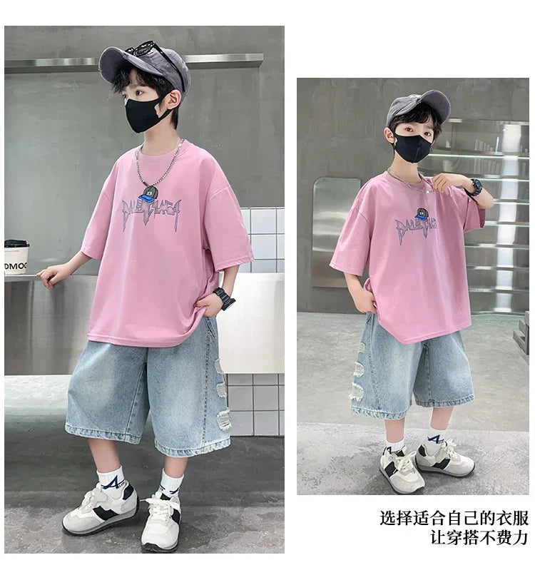 2025 New Summer Clothing Set for Kids Boy Luxury Summer Suit Children Cotton T-shirt And Denim Shorts 2 Pieces Tracksuit Outfit