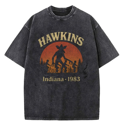 Demogorgon Hawkins Vintage Washed T Shirt Women Men Anime Cotton T Shirt Summer Harajuku Street Tops Clothing