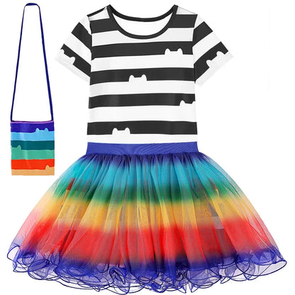 Carnival Party Children Black And White Stripe T-Shirt+Skirt+Bag Sets Kids Cartoon Cats Cosplay Costume Party Outfits 4-8Y