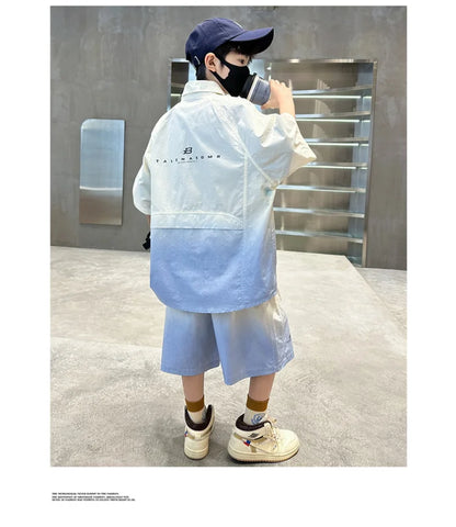 Fashion Kids Clothing Set Shirt Shorts Summer Suit for Teenage Boy Loose Casual Gradient Color Clothes Set Child Luxury Outfit